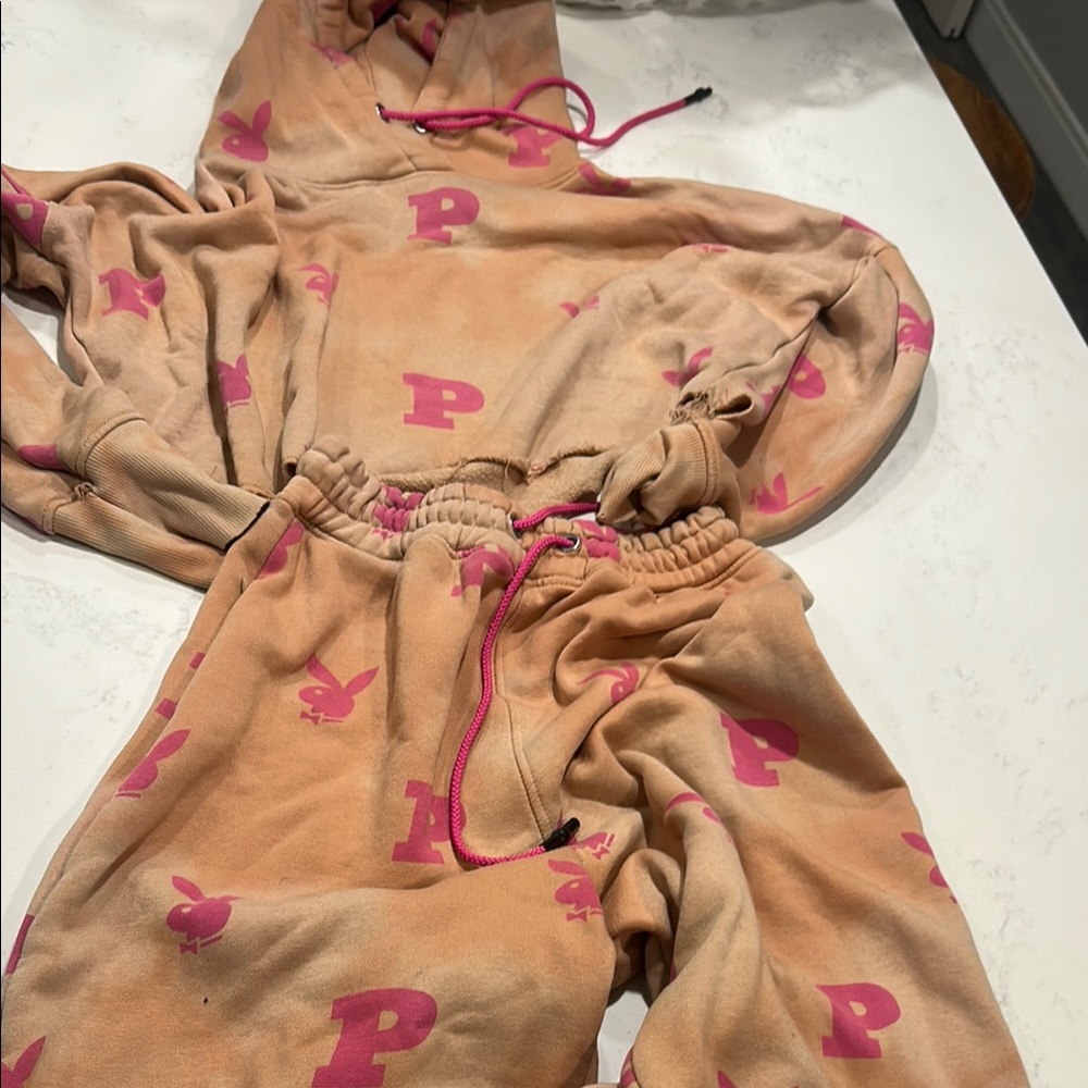 Pink and Tan Hoodie and Sweatpants Set